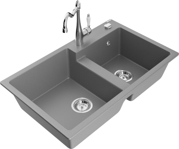 MEXEN/S - Tomas granitový dřez 2-bowl včetně baterie Carla, šedá 6516-71-670700-00