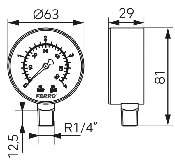 NOVASERVIS - Manometr 63mm 1/4" Radiál 0-4 bar M6304R