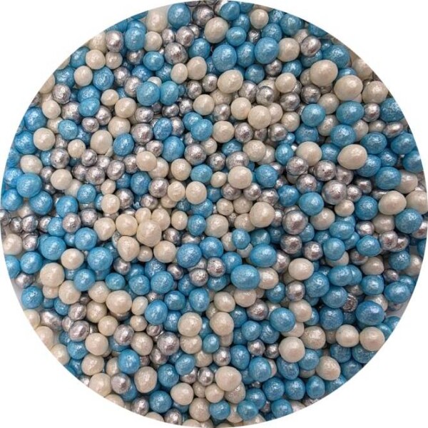 Cukrovo-rýžové perly mix modro bílo stříbrné 5mm 80g - I LOVE CAKES