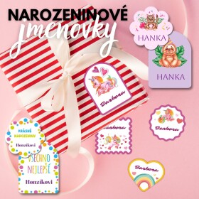 NAROZENINOVÉ samolepky (12ks), jmenovky na dárky, DÁREK