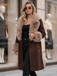 Dámský kabát s odnímatelným kožešinovým límcem, hnědý, FashionStreet TY6073 XL