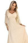 655-4 Dlouhé lehké třpytivé šaty s výstřihem a průhlednými rukávy - šampaňsko-béžová barva UNI