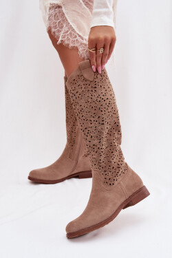 Dámské perforované vysoké kozačky na nízkém podpatku S.Barski HY61-8023 Béžové 40