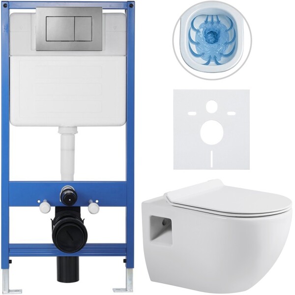 CERANO Kompletní podomítkový WC set Lite/Dure - bílá lesklá - WC tlačítko Classic, tmavě šedá - předstěnová instalace/sádrokarton - 51x35 cm