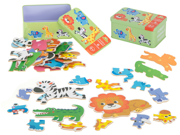 Puzzle v plechové krabičce - safari zvířátka 25 dílků