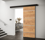 Posuvné dveře Salwador IV Dveře: Bíle mat, Pásky / úchyty: Černá, Horní pojezdová lišta: Dub artisan