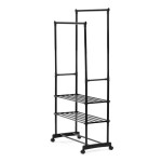 Stojan na šaty dvouramenný se třemi policemi, černá barva, kov / plast, chrom