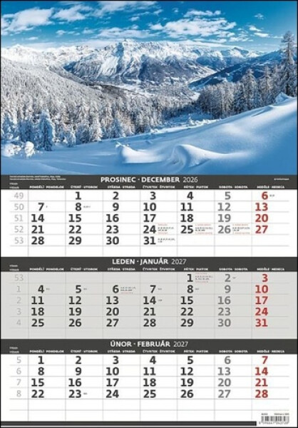 Kalendář nástěnný 2027 - Hory – 3měsíční/Hory – 3mesačné