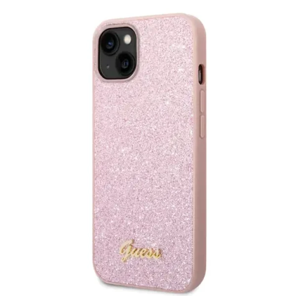 Pouzdro Guess PC/TPU Glitter Flakes Metal Logo iPhone 14 Plus růžové