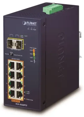 PLANET Switch průmyslový 8-Port GE PoE+ / Switch / 8x GbE RJ-45 PoE+ 240W / 2x SFP 100/1000X / DIN lišta / -40~75°C (IGS-1020PTF)