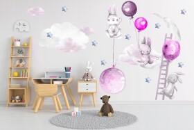 DumDekorace Nádherná nálepka na zeď veselé zajíčky s balony 120 x 240 cm