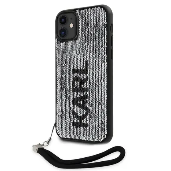 Pouzdro Karl Lagerfeld Sequins Reversible iPhone 11 černé/stříbrné