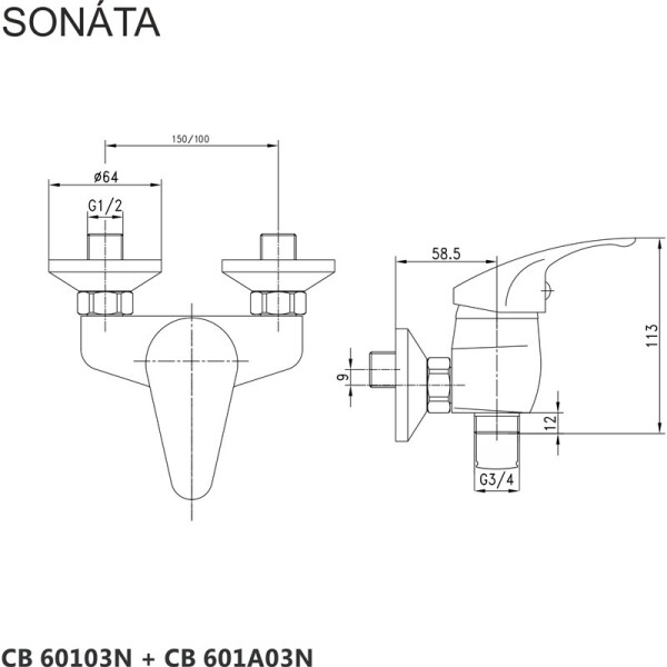 MEREO - Sprchová nástěnná baterie, Sonáta, 100 mm, bez příslušenství, chrom CB601A03N