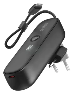 SBS Hybrid černá / Powerbanka / 5000 mAh / 20 W PD / integrovaný kabel / skládací zástrčka