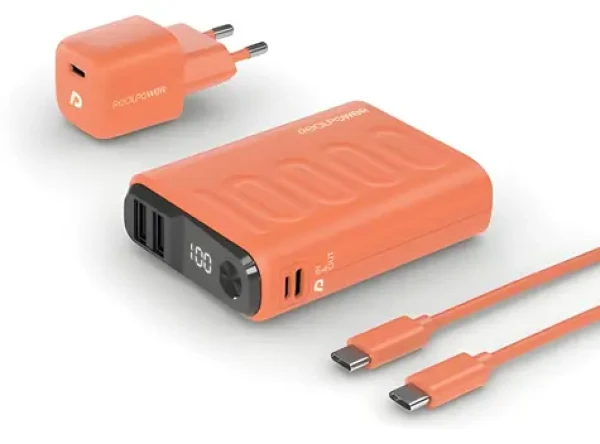 RealPower PB-10000 Set oranžová / Powerbanka 10000 mAh / LED displej / USB-C PD / 22,5W / vč. nabíječky a kabelu (390660)