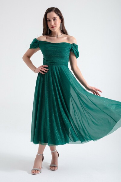 Lafaba Women's Emerald Green Boat Neck Draped Midi Flared Evening Dress