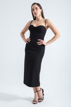 Lafaba Women's Black Underwire Corset Pearls Midi Evening Dress