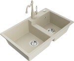 MEXEN/S - Tomas granitový dřez 2-bowl včetně baterie Carla, béžová 6516-69-670700-69