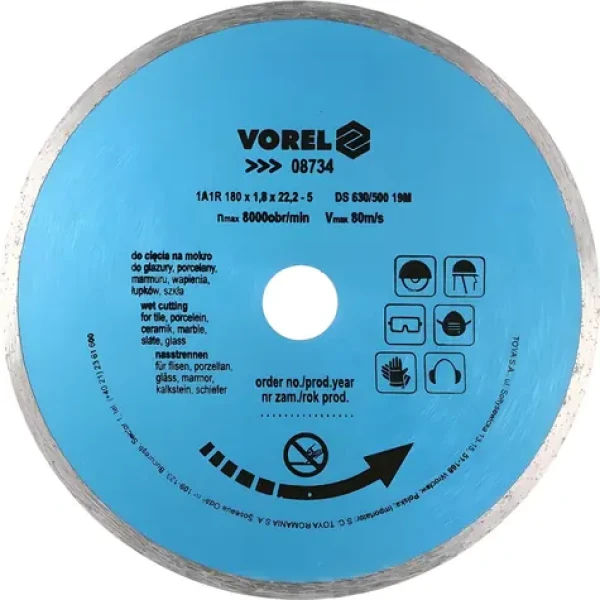 Vorel Kotouč diamantový řezný celoobvodový 180x22,2 mm / Řezný kotouč / plný / 1,8 mm