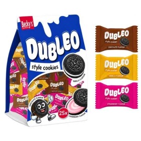 Becky's Dubleo Style sušenky s náplní s příchutí čokolády, jahody a vanilky 118 g
