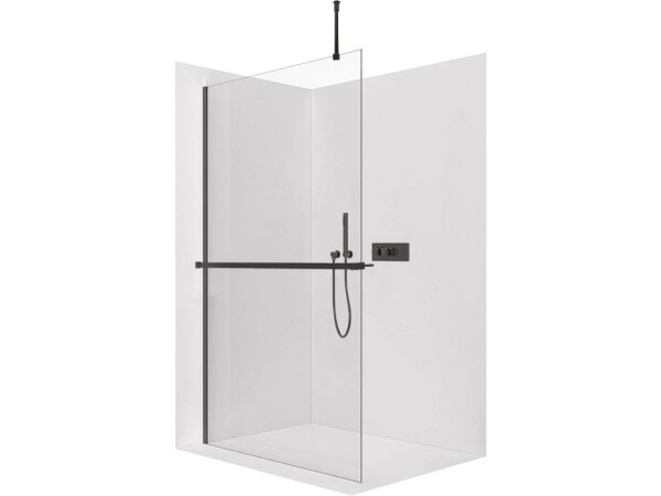 CERANO Sprchová zástěna Walk-in Onyx Top Round L/P - 10 mm - kulatá vzpěra + polička/držák na ručníky - černá matná, transparentní sklo - 110x200 cm