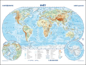 Svět - reliéf a povrch / státy a území - příruční mapa 1:85 000 000, 6. vydání