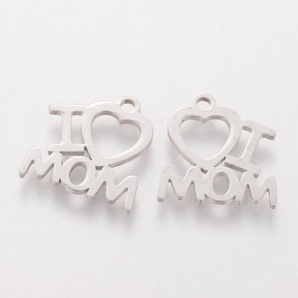 Přívěsek z nerezové oceli - I ♥ MOM - platinový - 13 x 13 x 1 mm - 1 ks