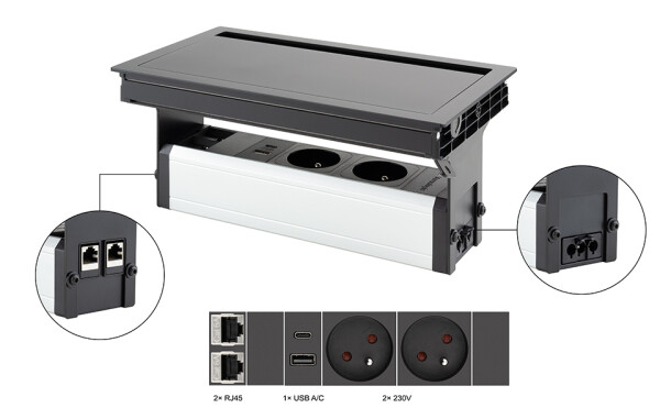 Versalogic VersaFlap Mono 2.0 elektrická zásuvka 2x 230V, FR, RJ45, USB A/C, černá matná (497041)
