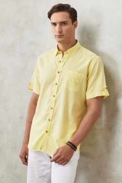 AC&Co Altınyıldız Classics Men's Light Yellow Comfort Fit Relaxed Fit Buttoned Collar Linen Look 100% Cotton Short Sleeve Shirt
