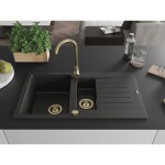 MEXEN/S - Matias granitový dřez 1.5 s odkapávačem 900x505 mm, černá/zlatá metalik,+ zlatý sifon 6502901505-75-G