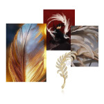 Luxusní brož Zlaté pírko s perlou a třpytivými zirkony, Zlatá