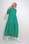 Trend Alaçatı Stili Women's Green Boat Neck Balloon Sleeve Layered Flounced Waist Belted Woven Viscose Dress