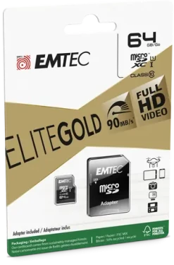 EMTEC Gold Plus micro SDXC karta 64GB + adaptér SD / UHS-I / U1 / Class 10 / čtení: 85MBs / zápis: 21MBs / vhodné pro FH (ECMSDM64GXC10GP)