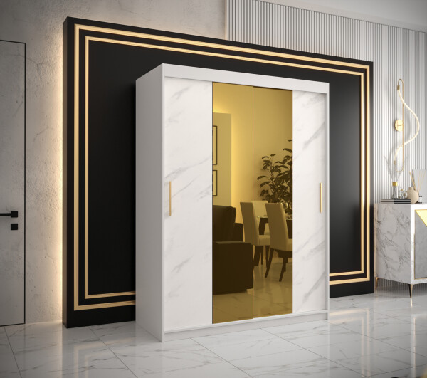 Šatní skříň Abi Golden T1 Barva korpusu: Bílá, Rozměry: 150 cm, Dveře: Bílý mramor se zlatým zrcadlem