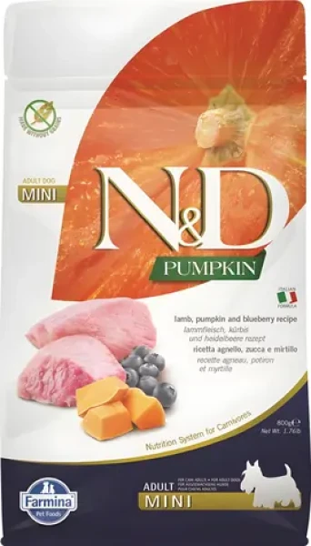 Farmina ND Pumpkin Grain Free jehněčí borůvky Adult Mini 800 g / Granule pro psy / malá a miniaturní plemena (PND008501S)