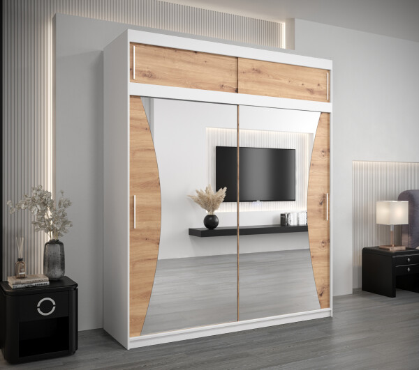 Šatní skříň Abi Mo s nástavcem Barva korpusu: Bílá, Rozměry: 200 cm, Dveře: Dub artisan