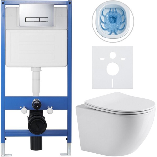 CERANO Kompletní podomítkový WC set Lite/Cesso - bílá lesklá - WC tlačítko Slim, chrom - předstěnová instalace/sádrokarton - 49x36 cm - 8050BD11