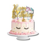 Plastový zápich do dortu Cesil Happy Birthday s jednorožcem zlatý