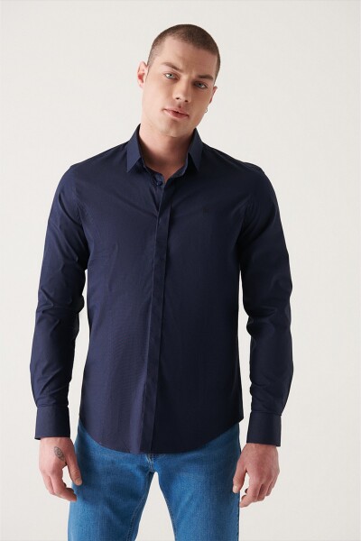 Avva Men's Navy Blue 100% Cotton Satin Slim Fit Slim Fit Shirt with Hidden Placket