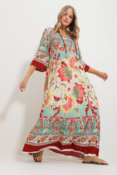 Trend Alaçatı Stili Women's Mint Front Laced Patterned Woven Viscose Dress