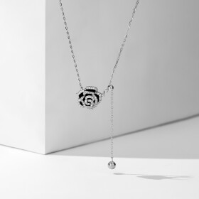 Stříbrný náhrdelník se zirkony Kamélie - květina, stříbro 925/1000, Stříbrná 41 cm + 5 cm (prodloužení)