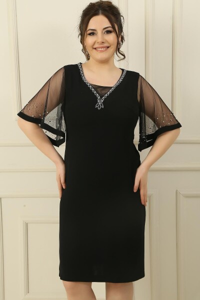 By Saygı Stone Embroidered Lined Plus Size Dress on Collar And Sleeves