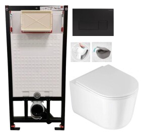 DEANTE Podomítkový rám, pro závěsné WC mísy + SLIM tlačítko černé + WC DEANTE Jasmin se sedátkem RIMLESS /VÍROVÉ SPLACH/ CST_WC01 N51P JA1