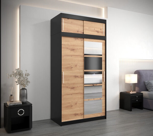 Šatní skříň Abi Ro1 s nástavcem Barva korpusu: Černá, Rozměry: 120 cm, Dveře: Dub artisan