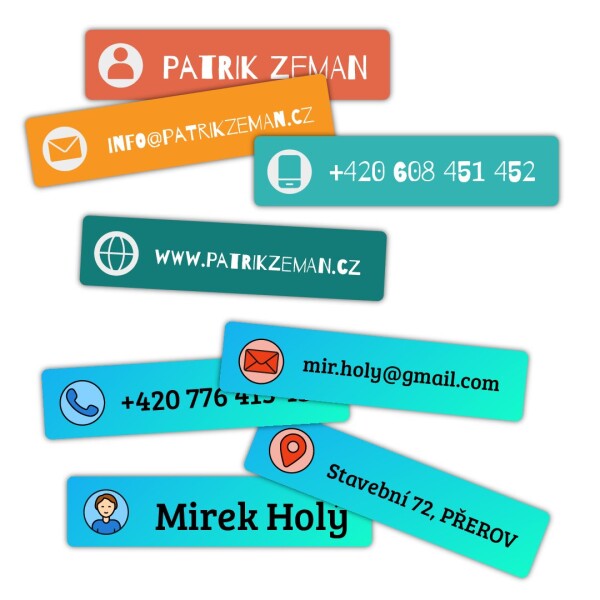 Nažehlovačky se jménem, adresou, telefonem, pro Instagram, Facebook, tiktok Sada jmenovek PERSONAL 48 kusů, různé barvy