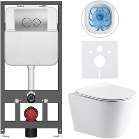 CERANO Kompletní WC set Basic/Carlito - bílá lesklá - WC tlačítko Dualo/Stříbrná - závěsné - předstěnová instalace - 48,5x36,5 cm