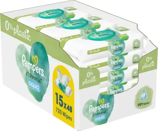 Pampers Harmonie Aqua Plastic Free Vlhčené ubrousky 720ks (15 x 48 ks) (8006540510247)