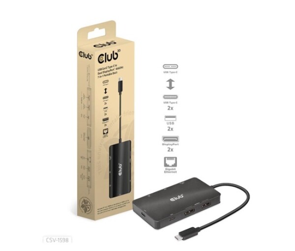 Club3D Dokovací stanice USB-C 7v1, 2xDP, 2xUSB-C, 2xUSB, 1xRJ45, černá EDF_795219
