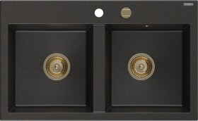 MEXEN/S - Hektor granitový dřez 2-bowl 800 x 480 mm, černá/zlatá metalik, zlatý sifon 6521802000-75-G