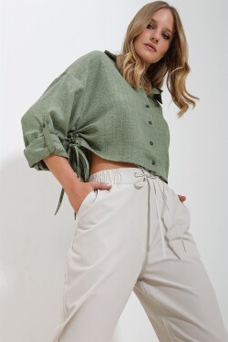 Trend Alaçatı Stili Women's Khaki Gathered Melange Linen Crop Shirt